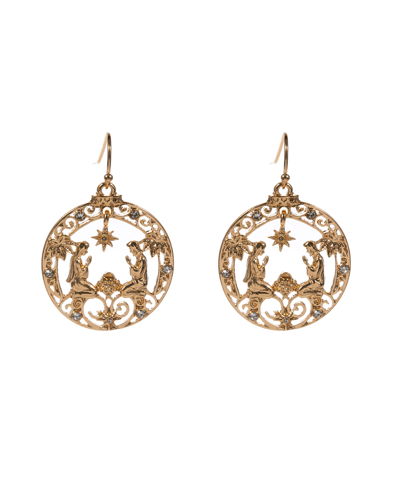 Round Shape Nativity Design Brass Earring - 1.5"