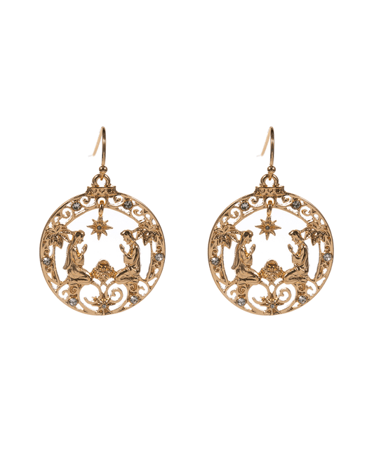 Round Shape Nativity Design Brass Earring - 1.5"
