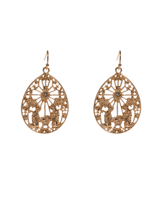 Teardrop Shape Nativity Design Brass Earring - 2.0"