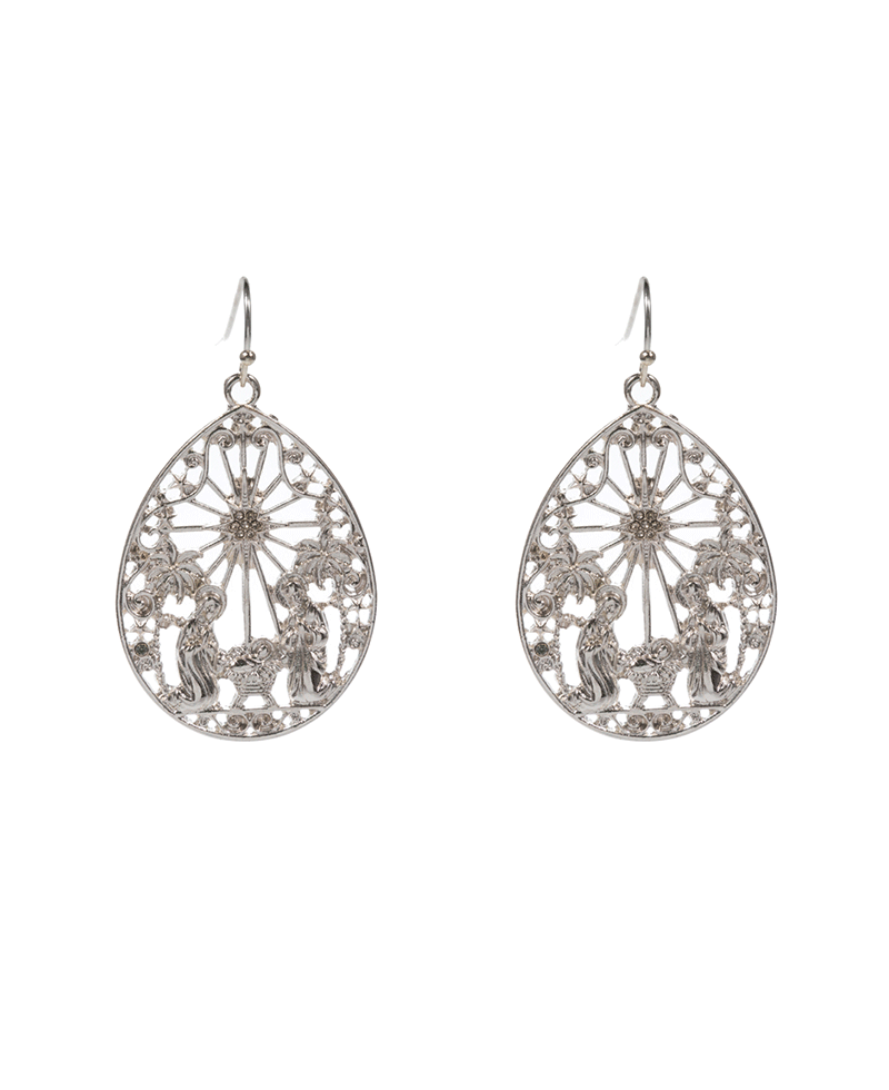 Teardrop Shape Nativity Design Brass Earring - 2.0"