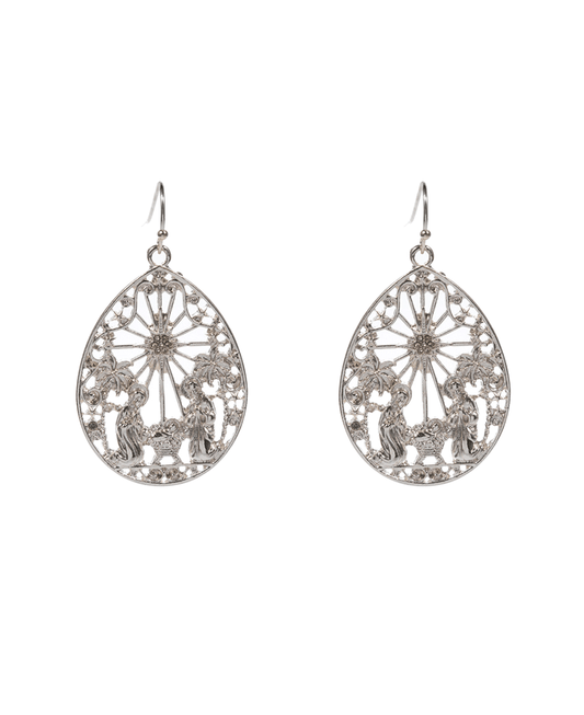 Teardrop Shape Nativity Design Brass Earring - 2.0"