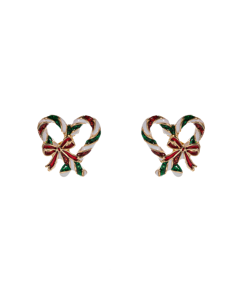 Heart Shape Enamel Candy Cane w/ Bow Hypo Earring - 0.75"