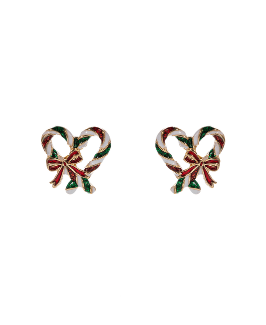 Heart Shape Enamel Candy Cane w/ Bow Hypo Earring - 0.75"