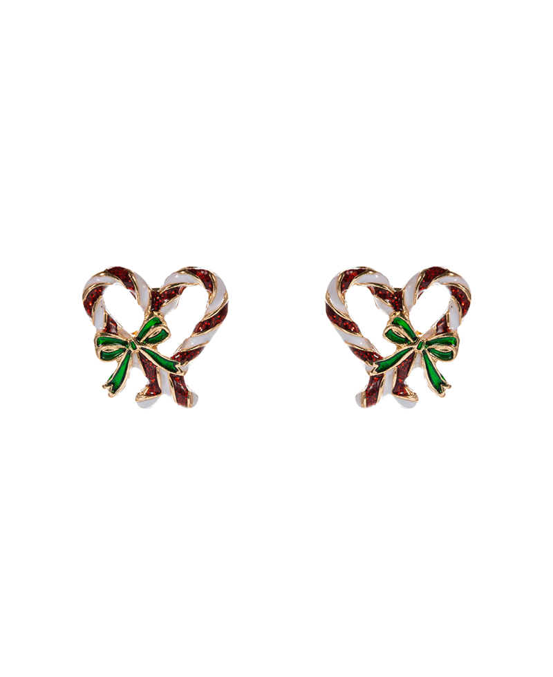 Heart Shape Enamel Candy Cane w/ Bow Hypo Earring - 0.75"