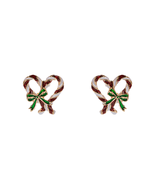 Heart Shape Enamel Candy Cane w/ Bow Hypo Earring - 0.75"