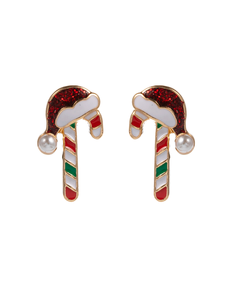 Enameled Candy Cane w/ Santa Hat Hypo Earring - 0.75"