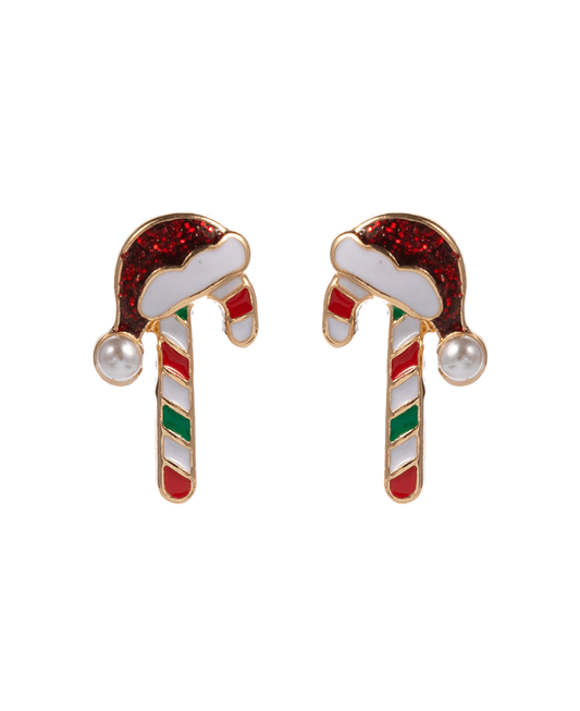 Enameled Candy Cane w/ Santa Hat Hypo Earring - 0.75"