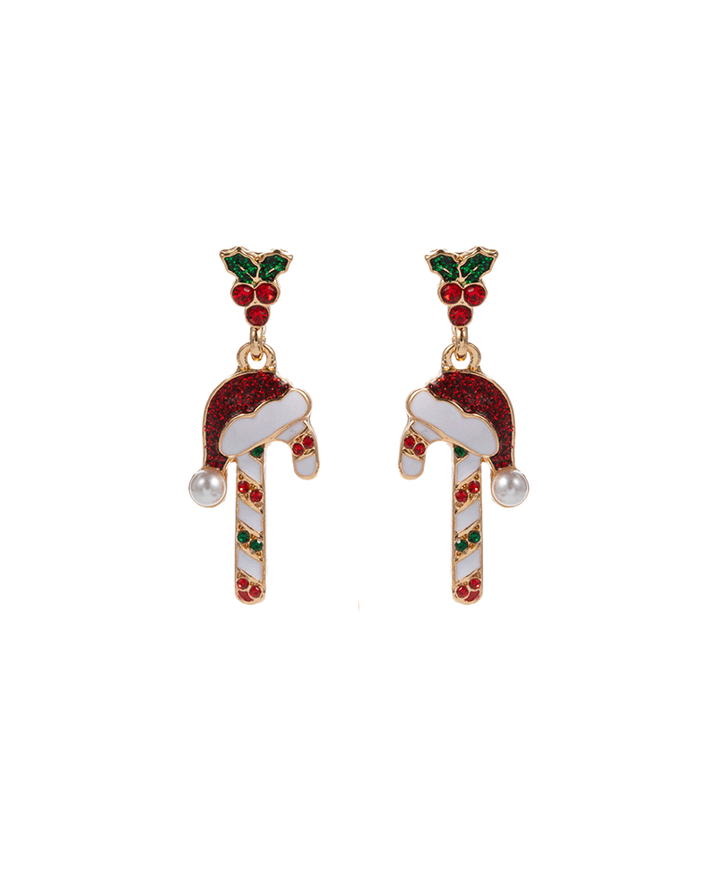 Stone Detail Candy Cane w/ Santa Hat Hypo Earring - 1.5"