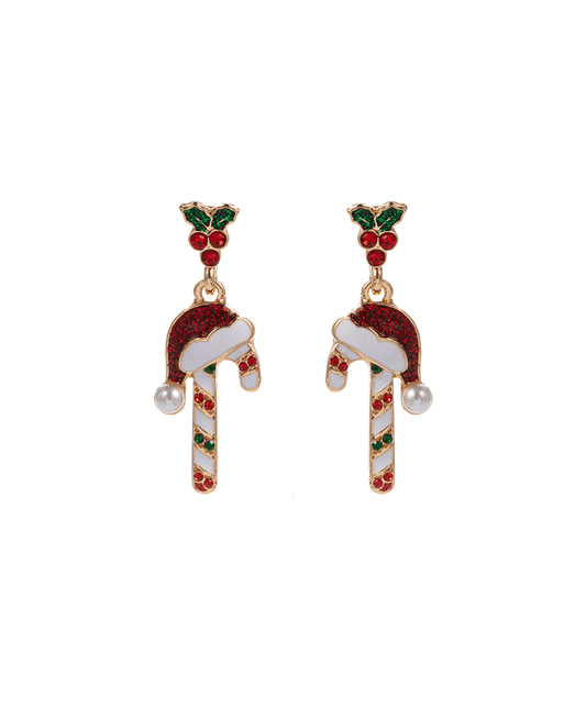 Stone Detail Candy Cane w/ Santa Hat Hypo Earring - 1.5"