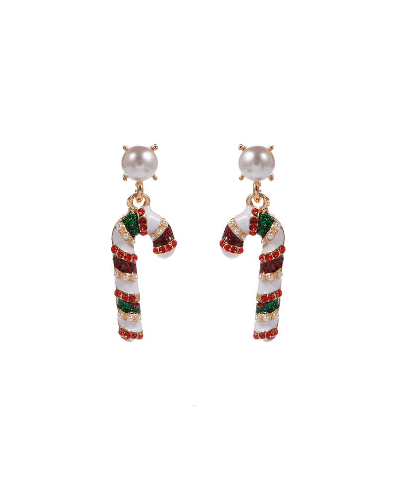Stone Detail Candy Cane w/ Pearl Hypo Earring - 1.25"