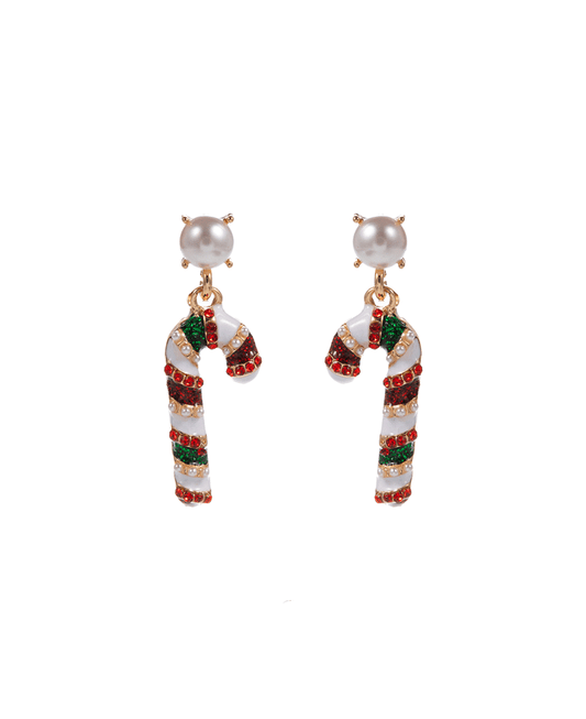 Stone Detail Candy Cane w/ Pearl Hypo Earring - 1.25"