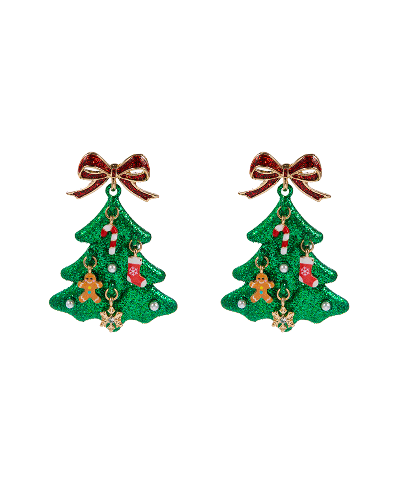 Christmas Tree Glitter Color Coated w/ Bow Earring - 2.0"