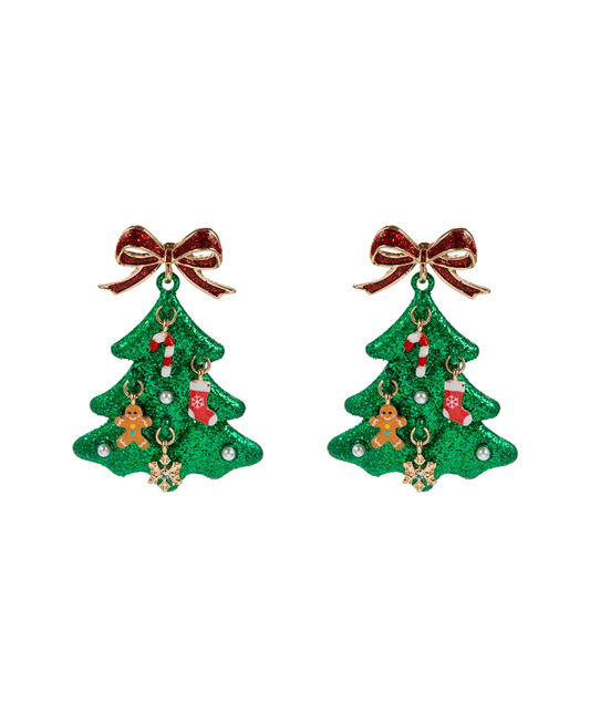 Christmas Tree Glitter Color Coated w/ Bow Earring - 2.0"