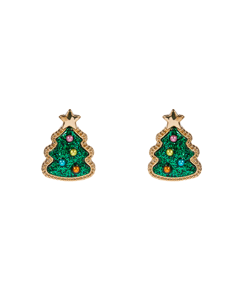 Christmas Tree Glitter Epoxy Stone Earring - 0.75"
