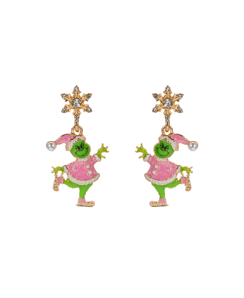 Ice Skating Green Monster w/ Snowflake Earring - 1.75"