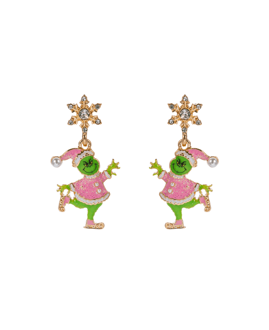 Ice Skating Green Monster w/ Snowflake Earring - 1.75"