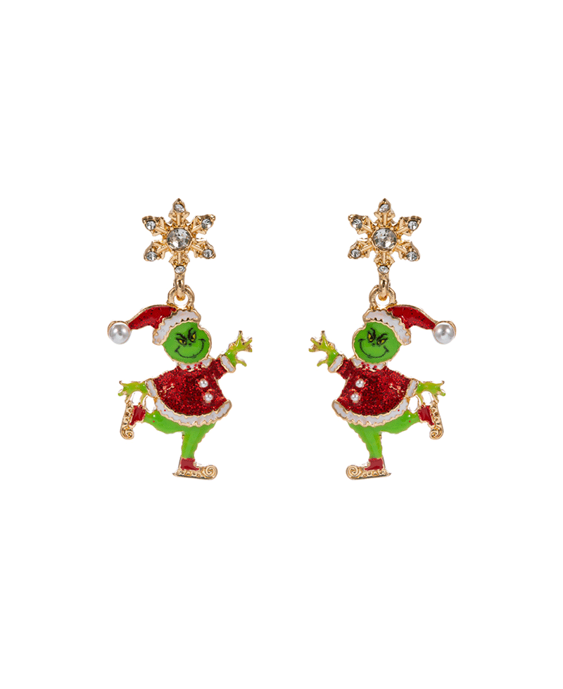 Ice Skating Green Monster w/ Snowflake Earring - 1.75"