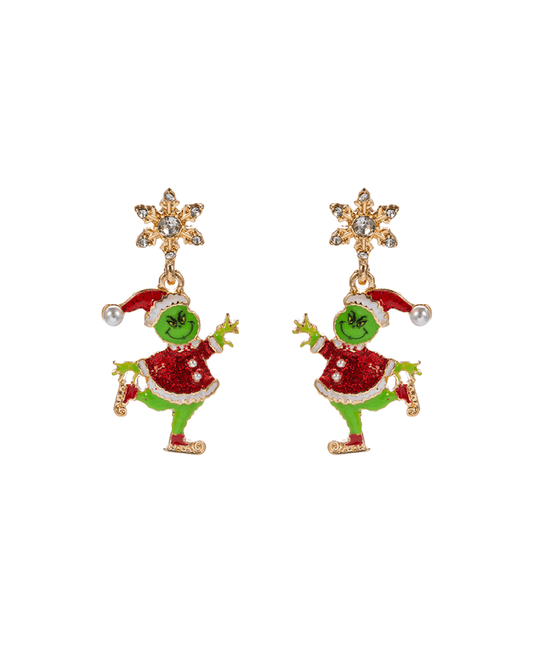 Ice Skating Green Monster w/ Snowflake Earring - 1.75"