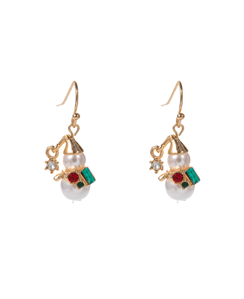 Snowman Pearl w/ Stone Brass Earring - 1.0"
