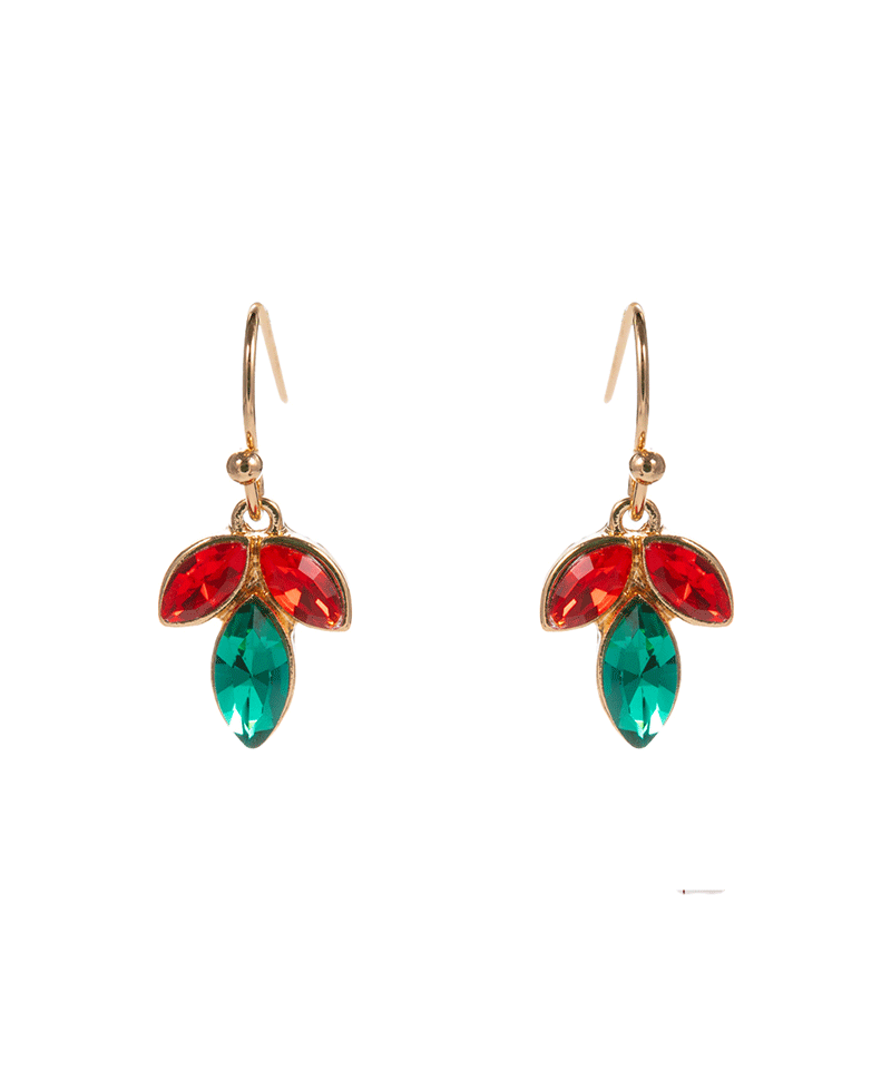 Leaf Shaped Glass Stone Brass Earring - 0.75"