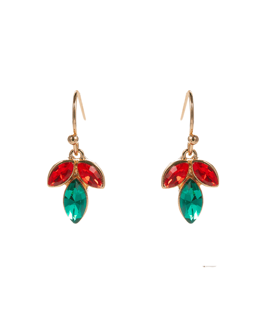Leaf Shaped Glass Stone Brass Earring - 0.75"