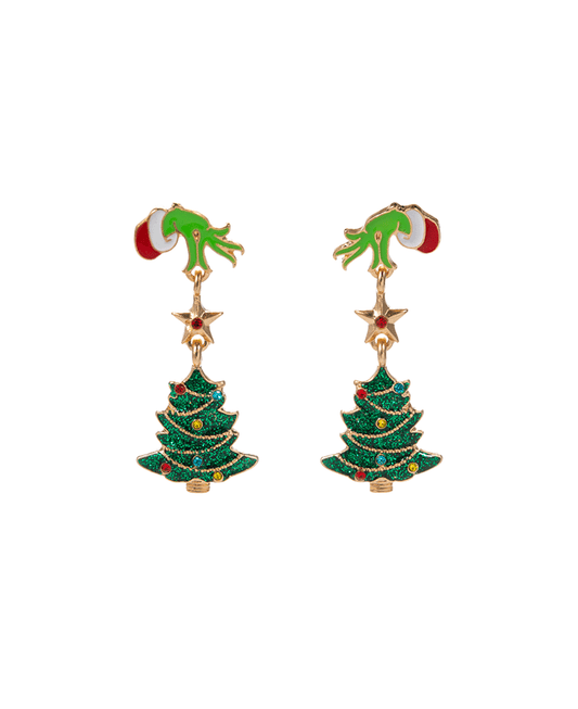 Green Monster Stealing Christmas Tree Hypo Earring - 1.75"