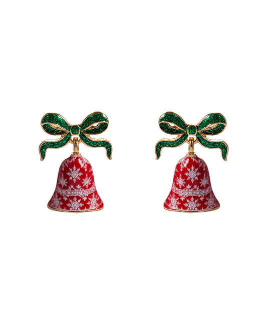 Christmas Bell Enamel w/ Printed Pattern Earring - 1.0"