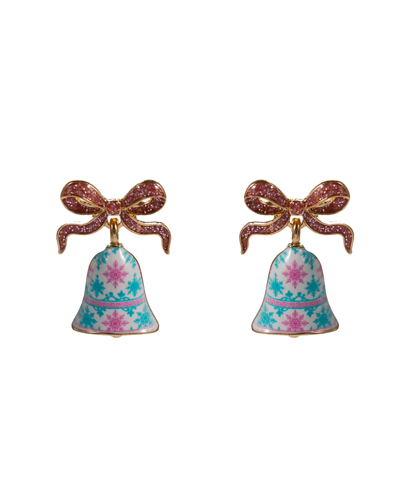 Christmas Bell Enamel w/ Printed Pattern Earring - 1.0"