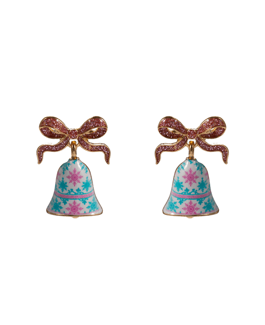 Christmas Bell Enamel w/ Printed Pattern Earring - 1.0"
