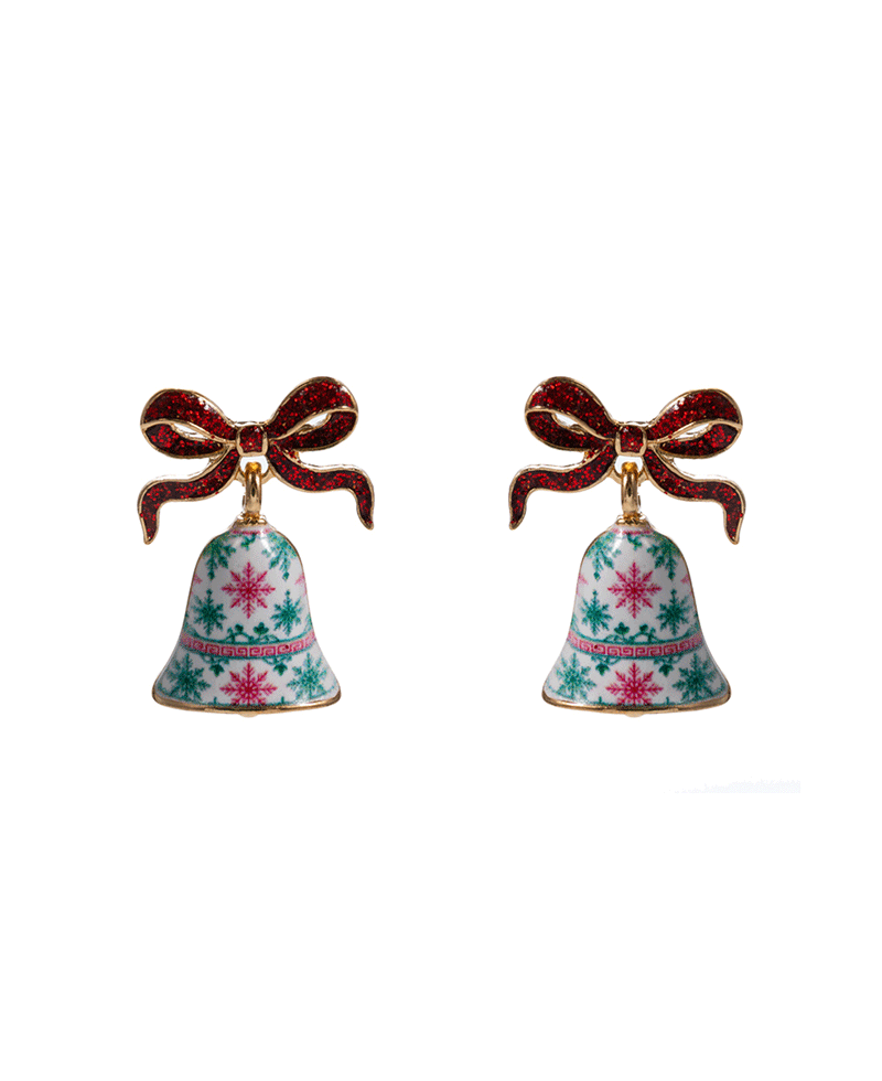 Christmas Bell Enamel w/ Printed Pattern Earring - 1.0"