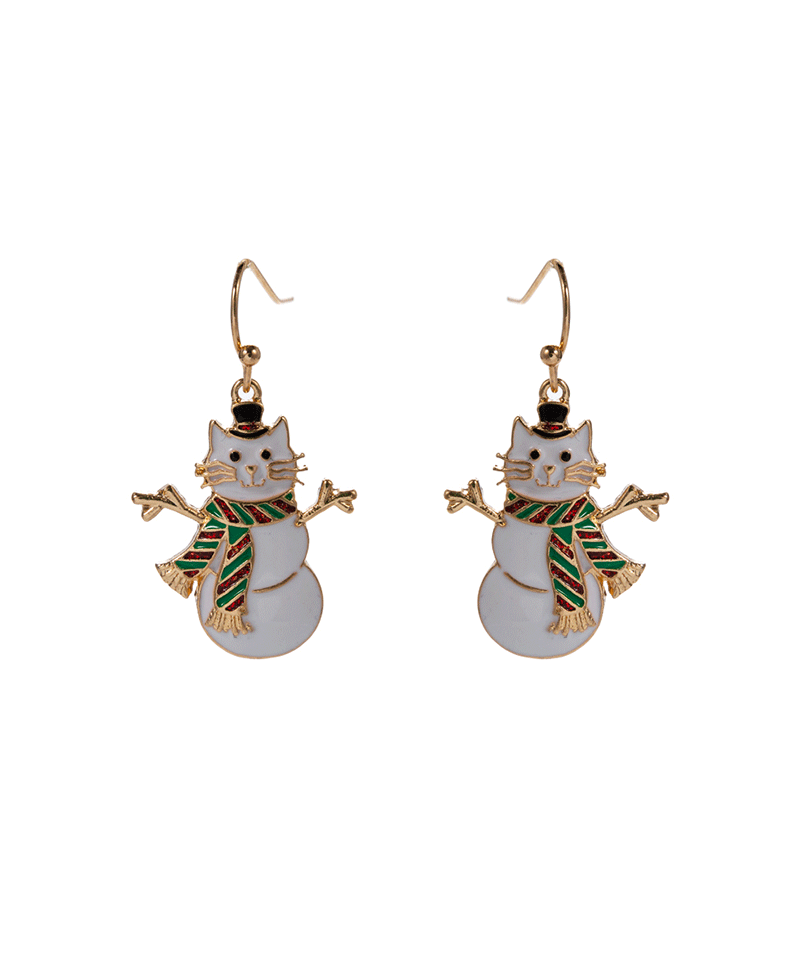 Cat Enameled Snowman Brass Earring - 1.25"