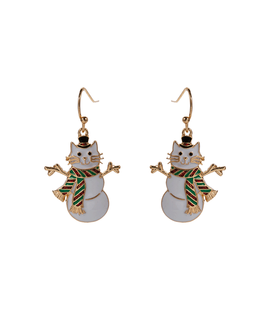 Cat Enameled Snowman Brass Earring - 1.25"