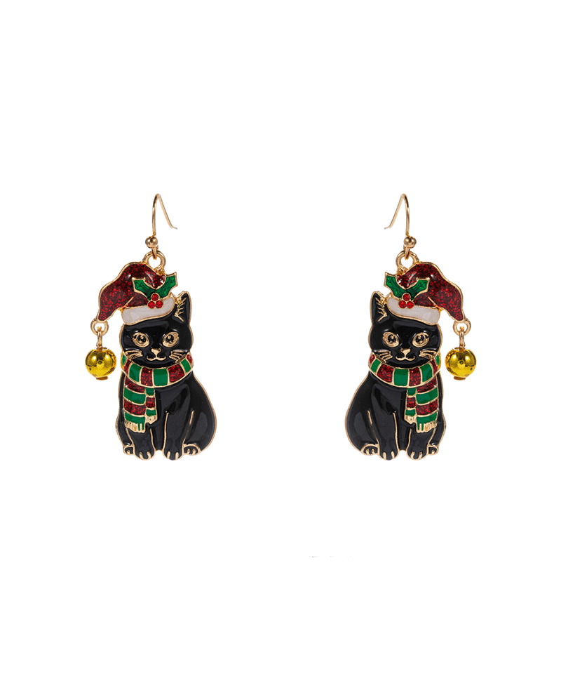 Cat w/ Christmas Hat & Bell Brass Earring - 1.5"