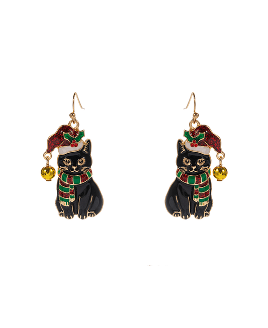 Cat w/ Christmas Hat & Bell Brass Earring - 1.5"