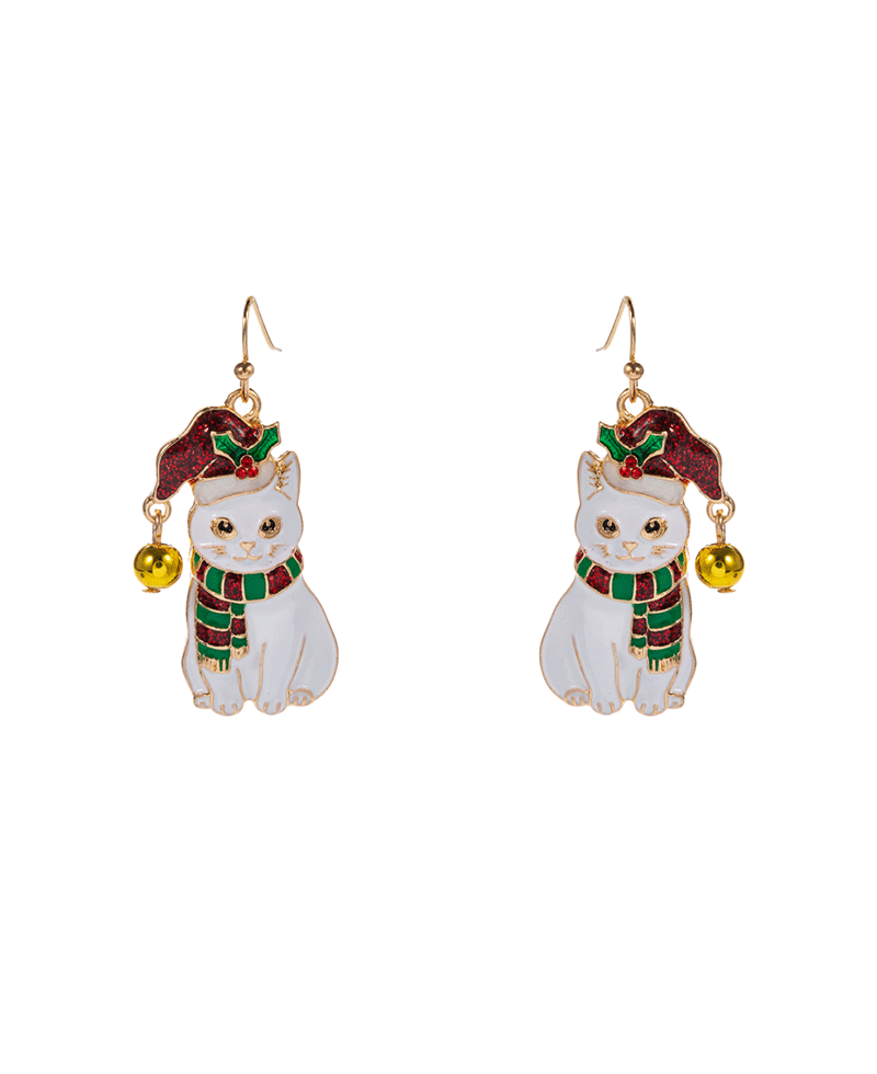 Cat w/ Christmas Hat & Bell Brass Earring - 1.5"