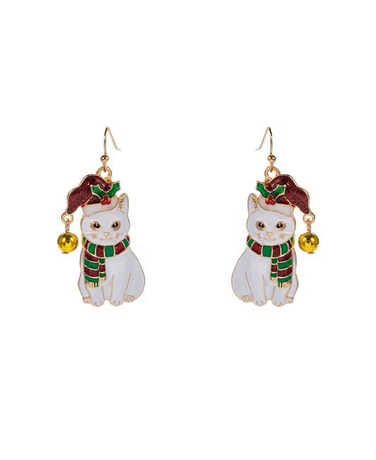Cat w/ Christmas Hat & Bell Brass Earring - 1.5"