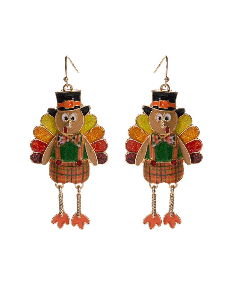 Turkey Shaped Enamel Brass Earring - 2.25"