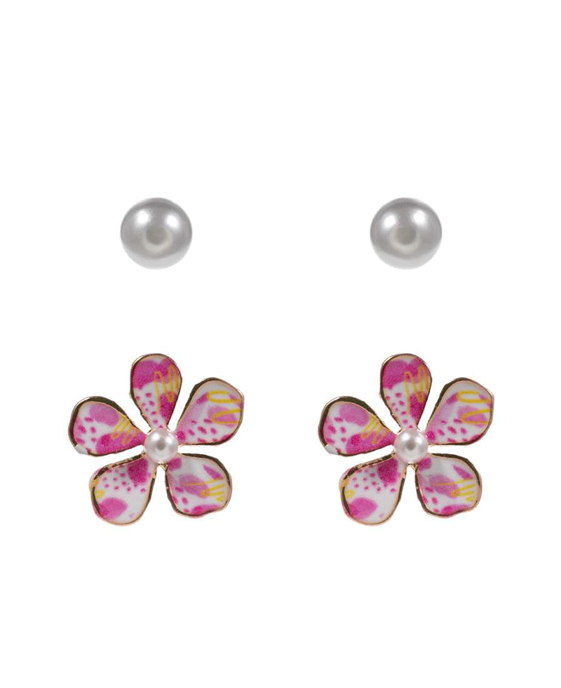 Enamel Flower & Pearl 2 Set Earring