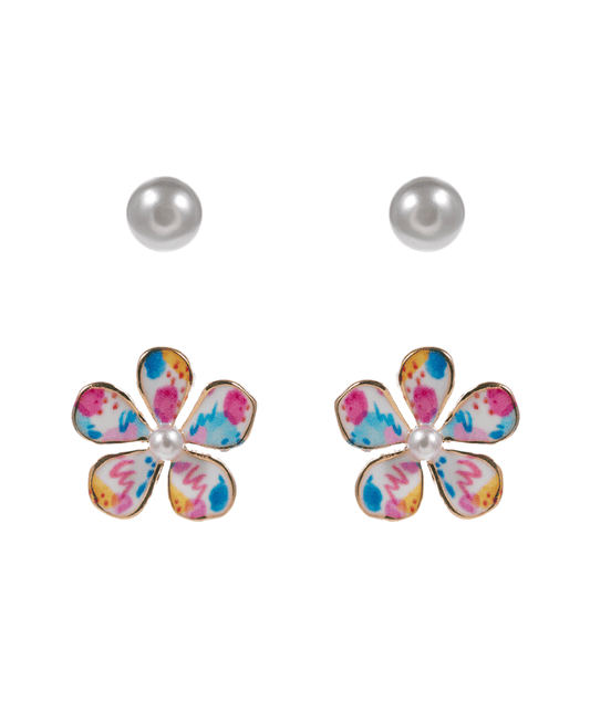 Enamel Flower & Pearl 2 Set Earring