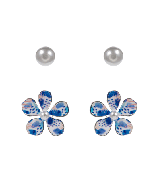 Enamel Flower & Pearl 2 Set Earring