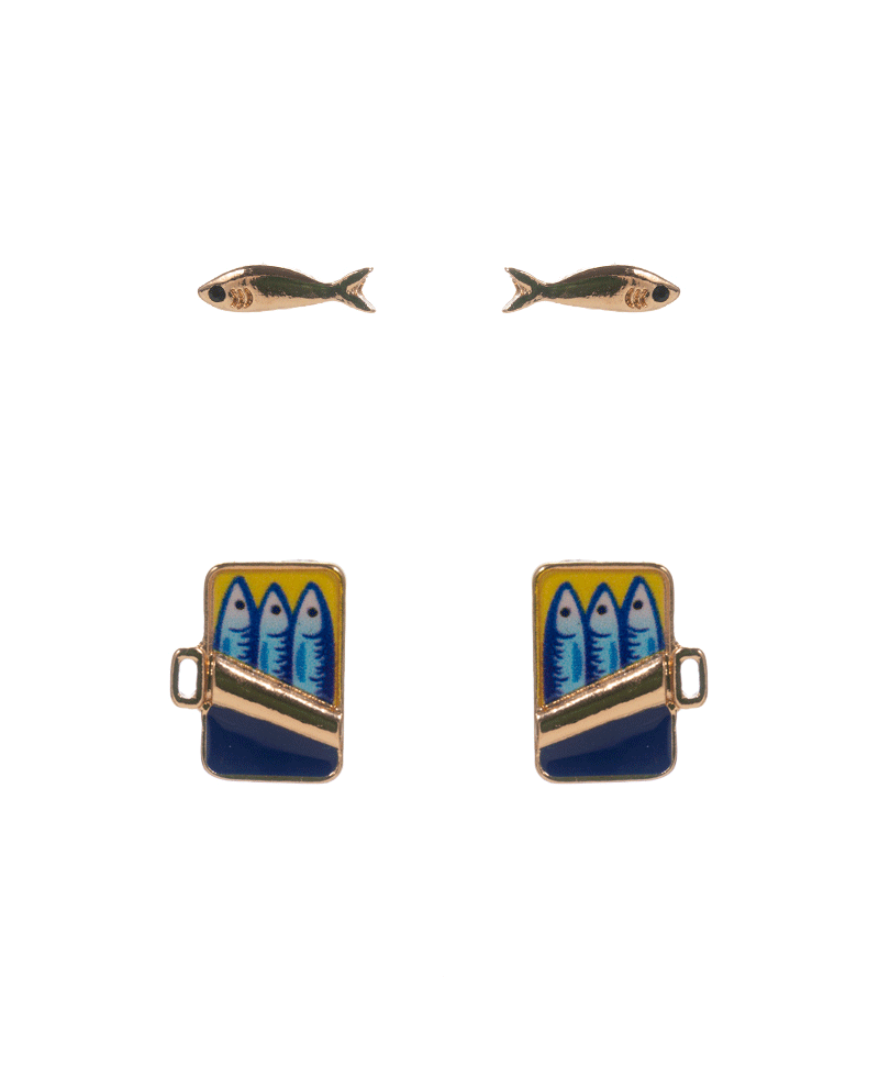 Metal Fish & Sardines Shaped Enamel 2 Set Earring - 0.75"