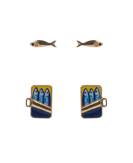 Metal Fish & Sardines Shaped Enamel 2 Set Earring - 0.75"