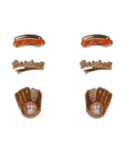 Baseball Sign Glove Hotdog Shape 3 Set Earring - 0.5"