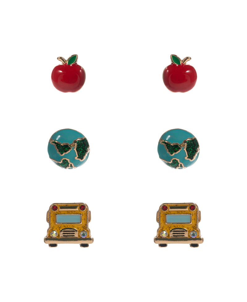 Apple Earth Globe School Bus 3 Set Earring - 0.75"