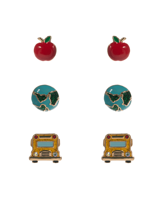 Apple Earth Globe School Bus 3 Set Earring - 0.75"