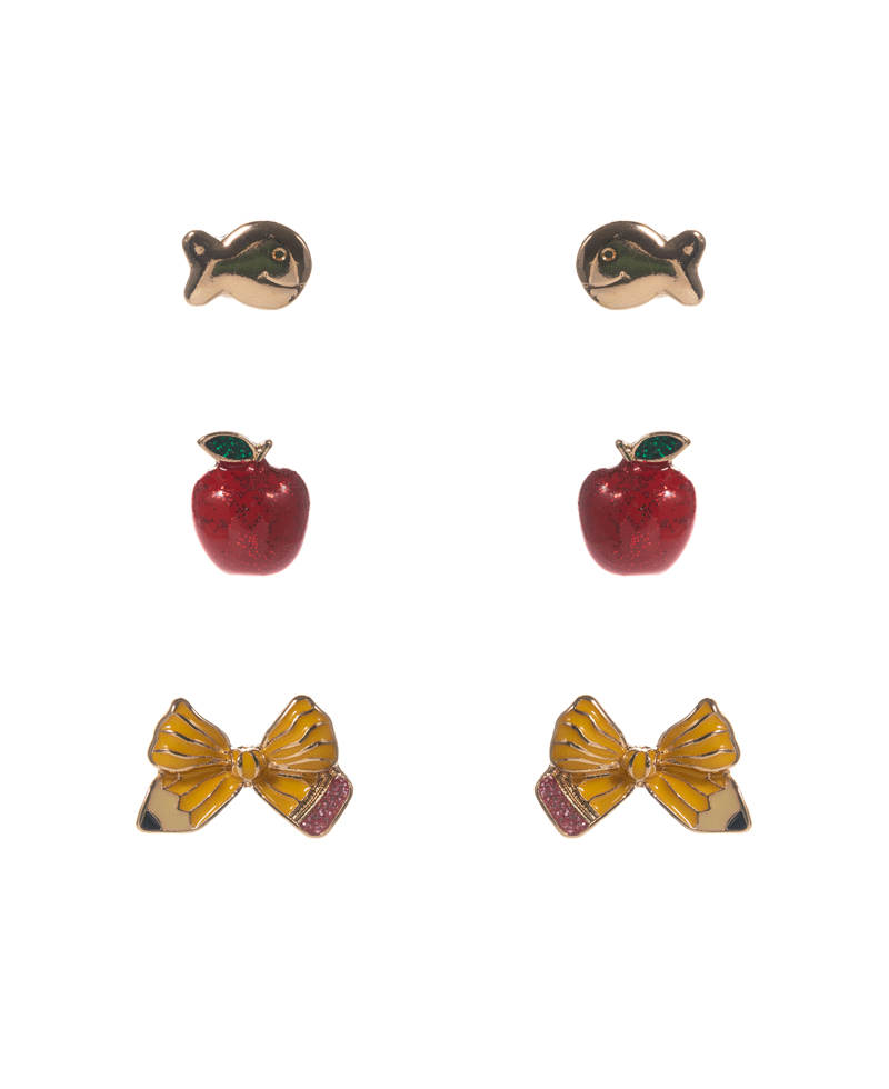 Golden Fish & Apple & Bow Pencil 3 Set Earring - 0.5"