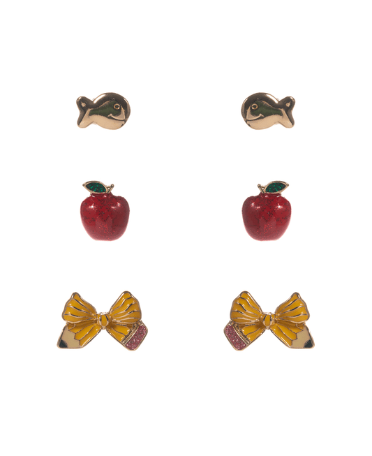 Golden Fish & Apple & Bow Pencil 3 Set Earring - 0.5"