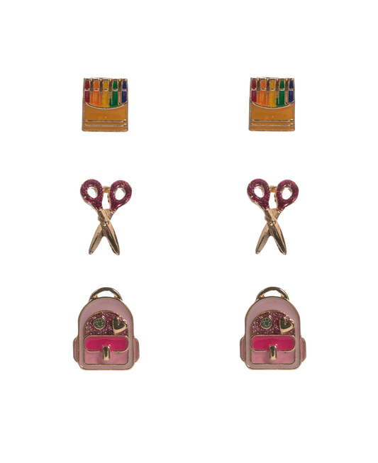 Crayon Scissors School Bag 3 Set Earring - 0.75"