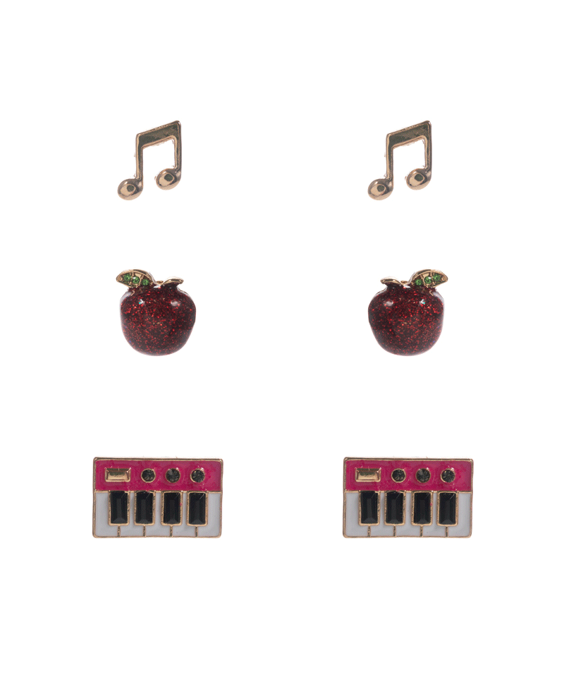 Piano Note & Apple 3 Set Earring - 0.5"
