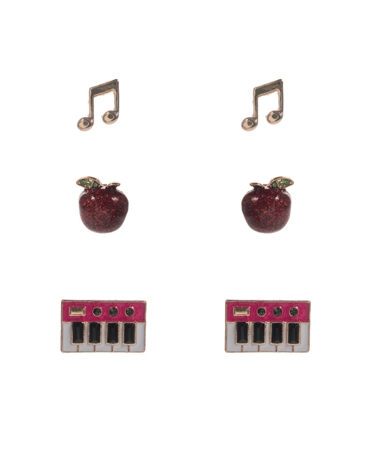 Piano Note & Apple 3 Set Earring - 0.5"